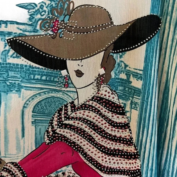 LP Rhinestone Studded Novelty Blouse XXL Woman Cheetah Building Ruched Stretch - Picture 9 of 15